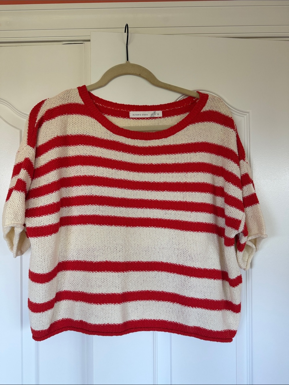 Altar'd State Red and Cream Striped Crewneck Sweater
